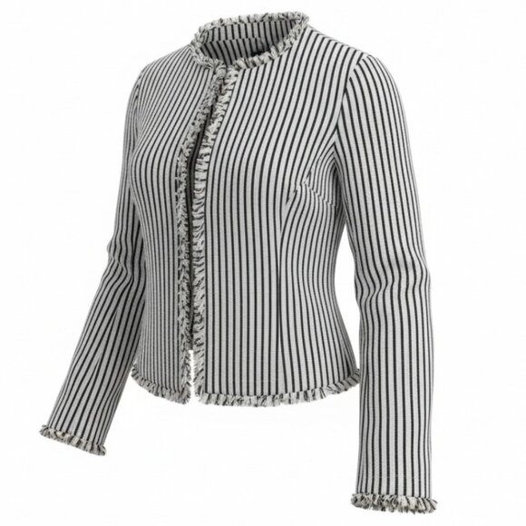 Hugo Boss Komina Black & White Striped Cropped Jacket Frayed Hem Jacket - Picture 4 of 7